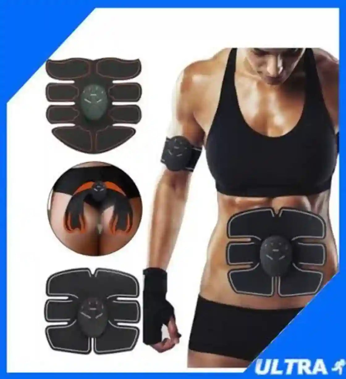 An abdominal exercise pad set shown on a woman's torso, with three inset views of the black adhesive pads and one circular close-up of the pads on the bikini area. The woman wears a black sports bra and shorts.