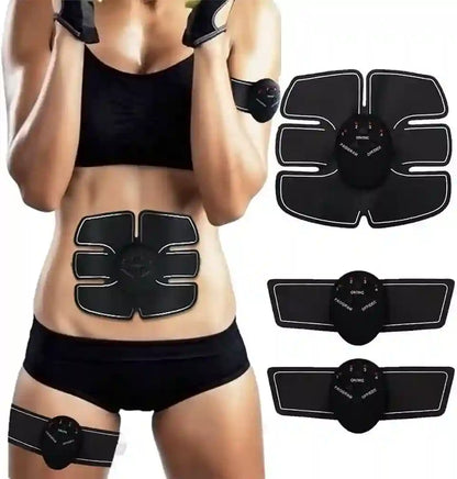 A woman wearing a black EMS abdominal trainer with four black adhesive pads on her torso, hips, and upper arms, alongside close-up views of the black control units and pad shapes on a white background.