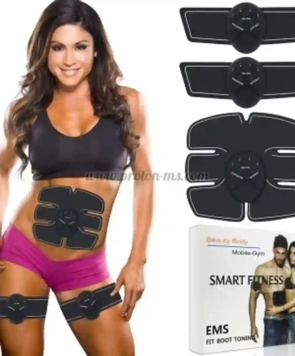 A woman wearing a black EMS abdominal trainer belt on her stomach, with additional black EMS pads and a product box shown on a white background. The box reads 'Beauty Body Mobile-Gym SMART FITNESS EMS FIT BOOT TONING'.