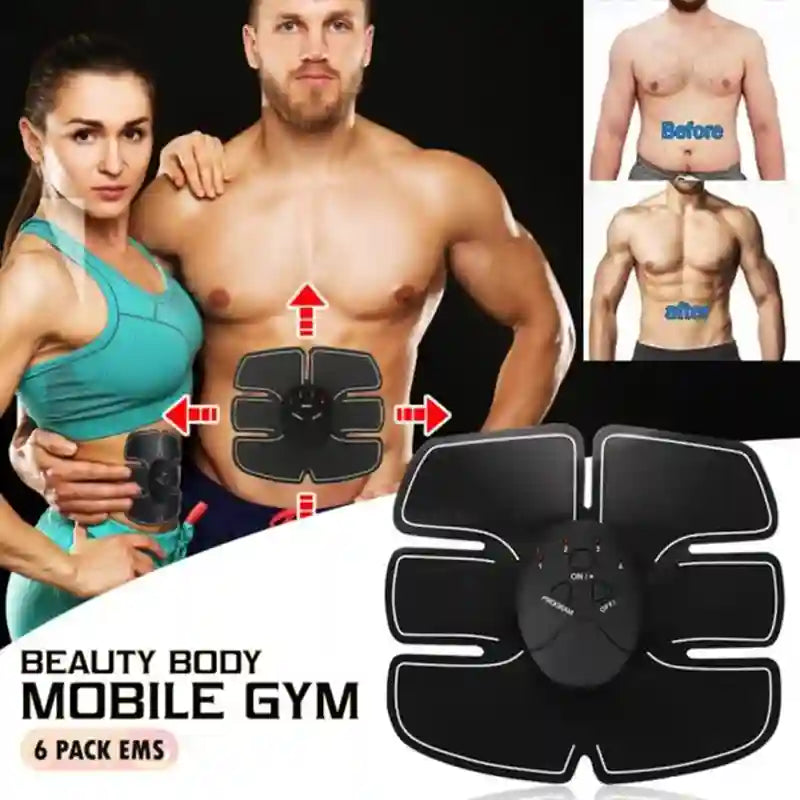 Advertisement for a beauty body mobile gym with a man and woman showing before and after results, and a close-up of the device.