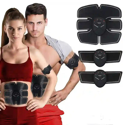 Two people wearing electronic muscle stimulators with additional units displayed above them.