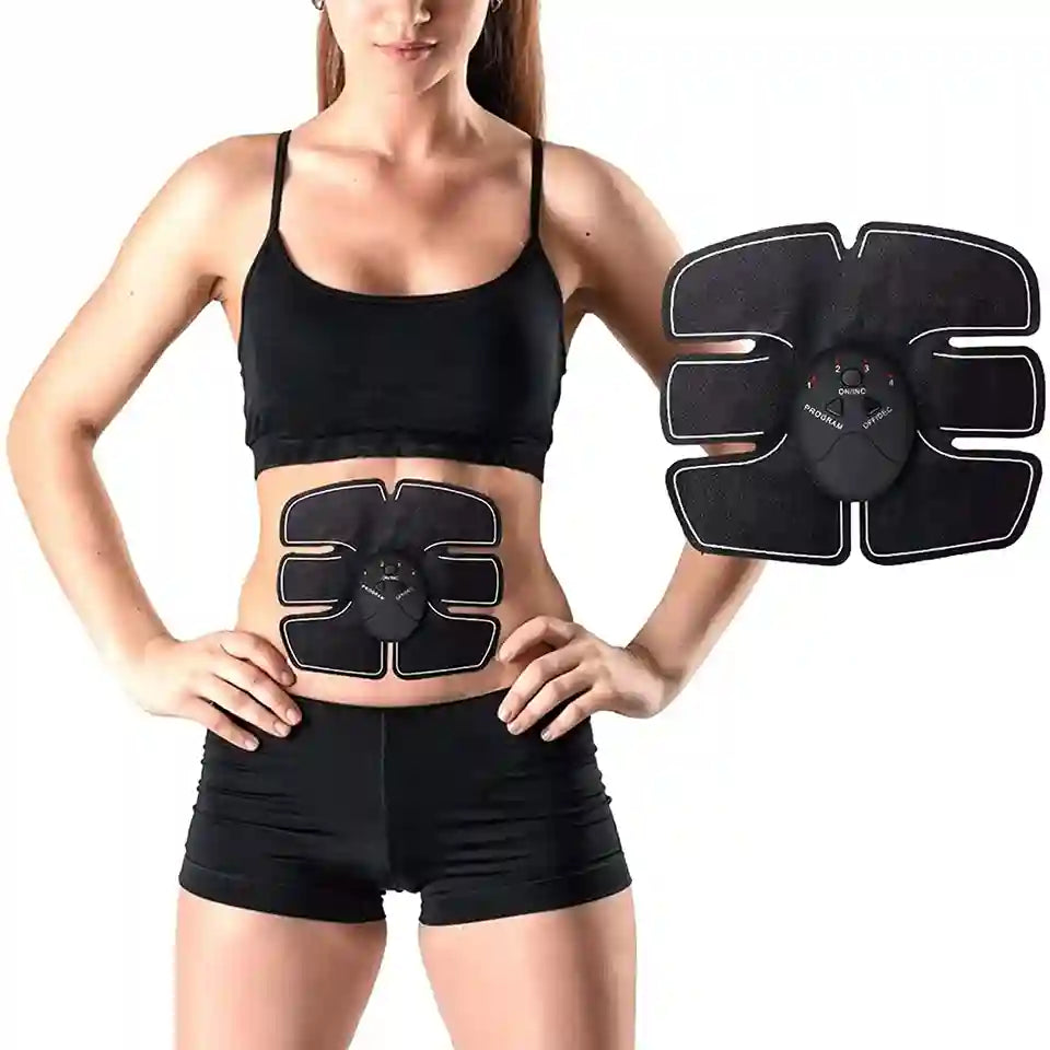 A woman wearing a black EMS abdominal workout device on her stomach, with a second view of the black multi-lead abdominal pad shown beside her on a white background.