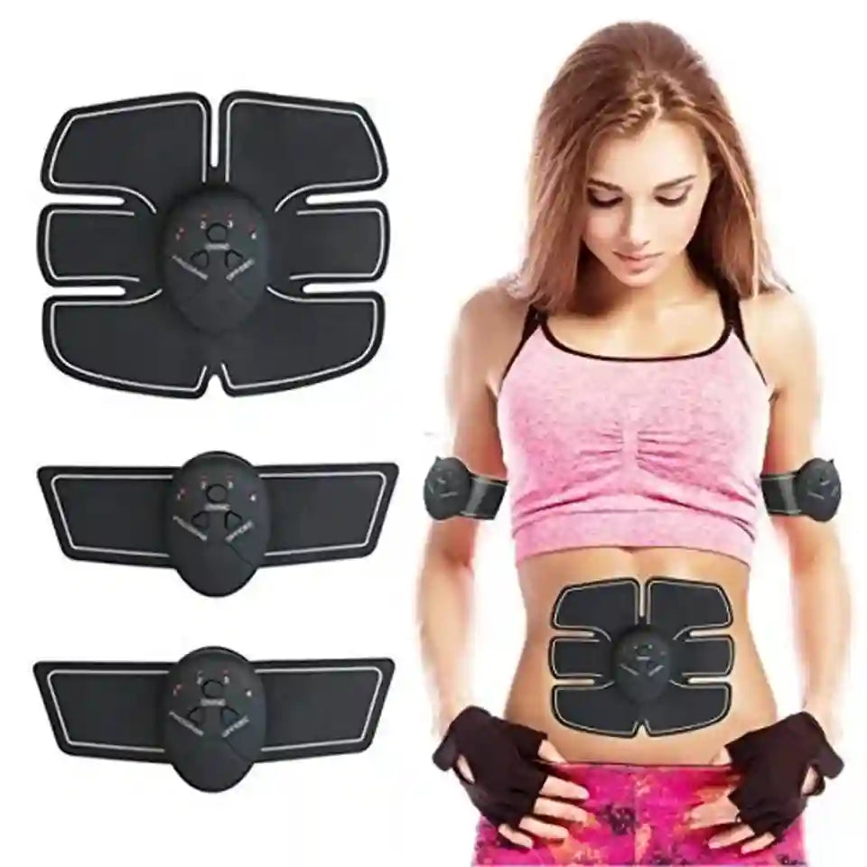 Black abdominal trainer muscle stimulator pads shown both individually and worn by a woman in a pink sports bra and gloves, on a white background.