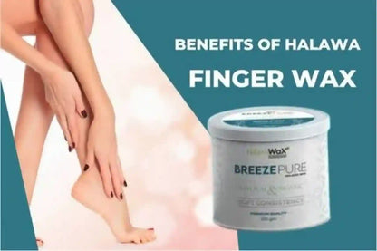 A promotional graphic for Halawa Breeze Pure finger wax, showing a person's legs and foot on the left, a white jar of wax on the right, and the text 'BENEFITS OF HALAWA FINGER WAX' on a teal and white background.