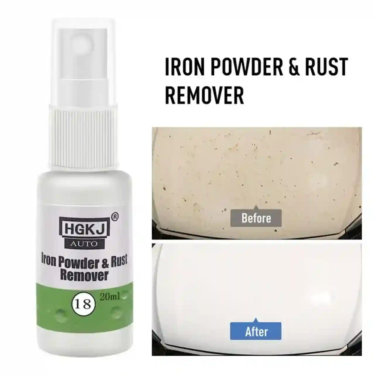 Iron powder and rust remover spray bottle with 'Before' and 'After' comparison on a white background