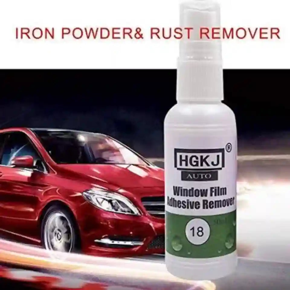HGKJ Auto window film adhesive remover bottle with a red car in the background