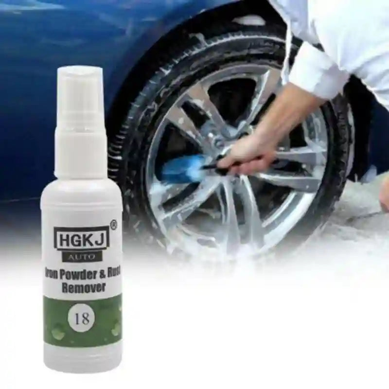 HGKJ iron powder and rust remover spray bottle with a car wheel in the background