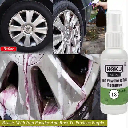 HGKJ Iron Powder & Rust Remover spray bottle with before and after images of a rusted car wheel.