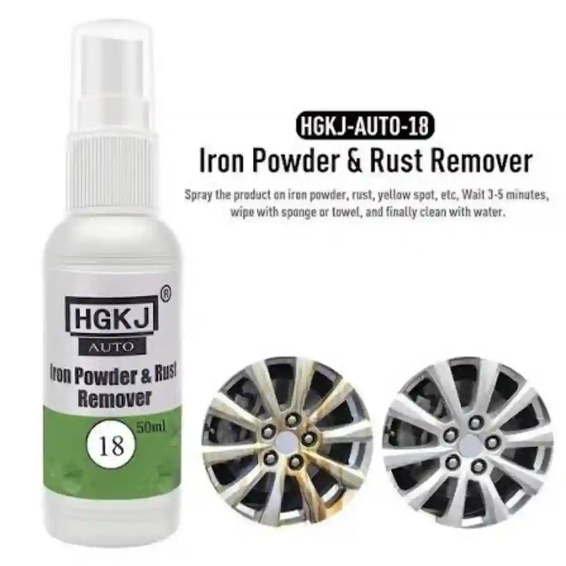 A bottle of HGKJ Auto Iron Powder & Rust Remover spray shown on a white background, with product text and two car wheel close-ups demonstrating before-and-after cleaning results.