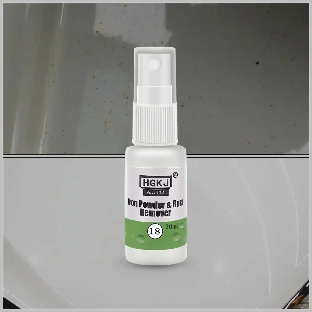 A small white spray bottle labeled HGKJ AUTO Iron Powder & Rust Remover, shown against a split background of a dirty metallic surface above and a clean metallic surface below.