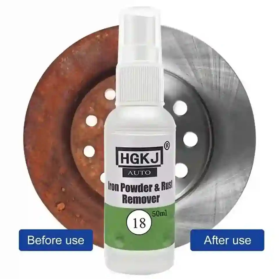 A 50ml spray bottle of HGKJ Auto Iron Powder & Rust Remover, shown in front of a 'Before use' rusty brake rotor and an 'After use' clean brake rotor comparison graphic.