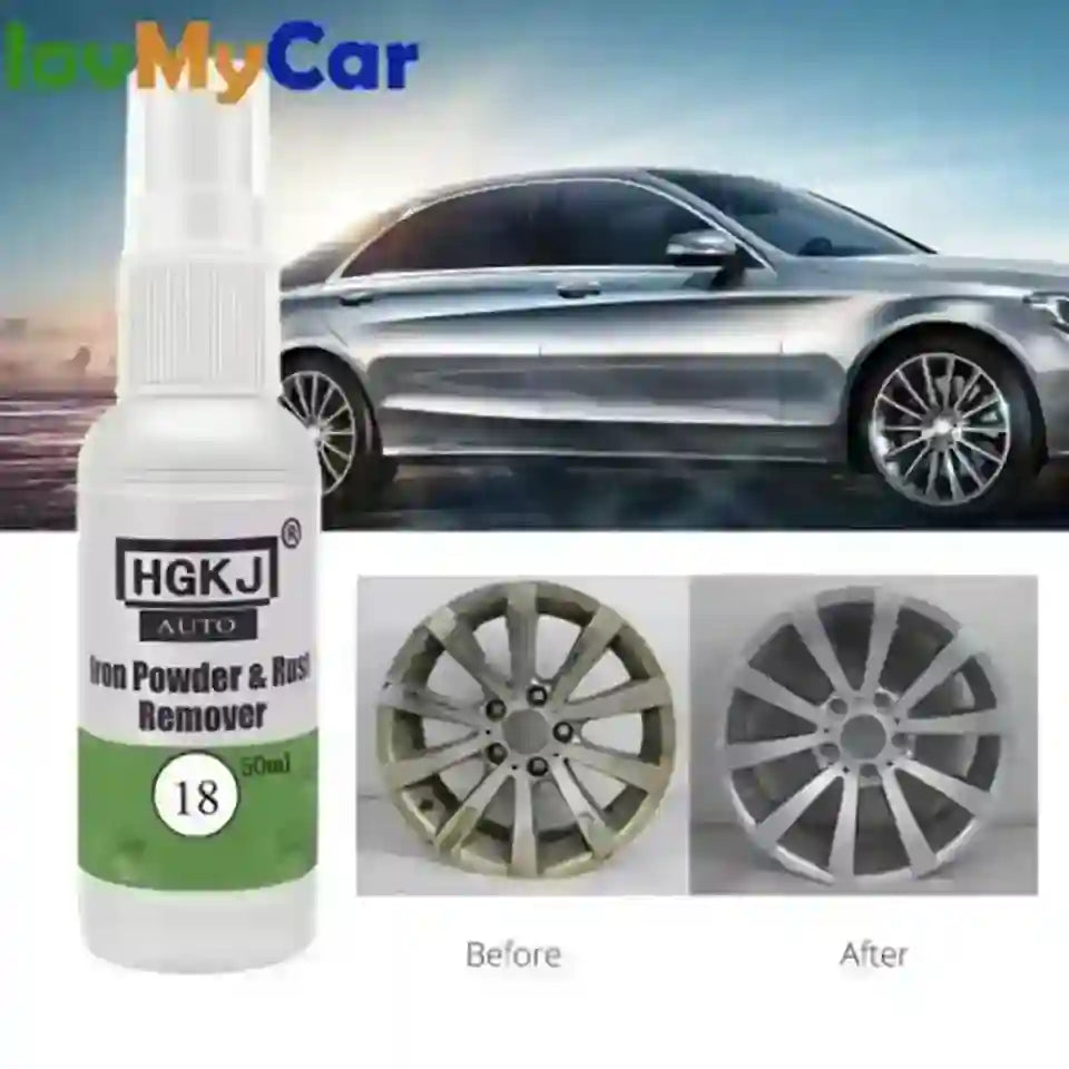 HGKJ Auto Iron Powder & Rust Remover bottle with car and wheel before/after images.