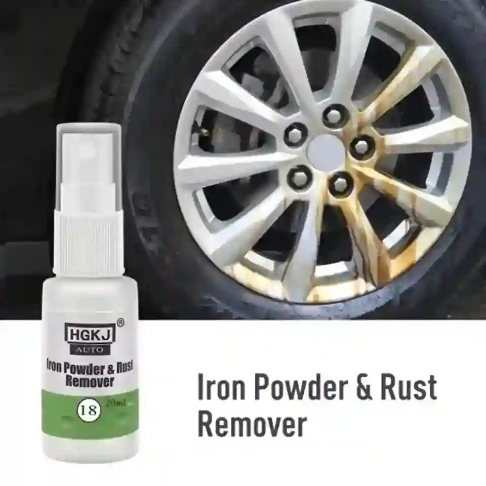 Bottle of HGKJ Iron Powder & Rust Remover next to a car wheel with rust