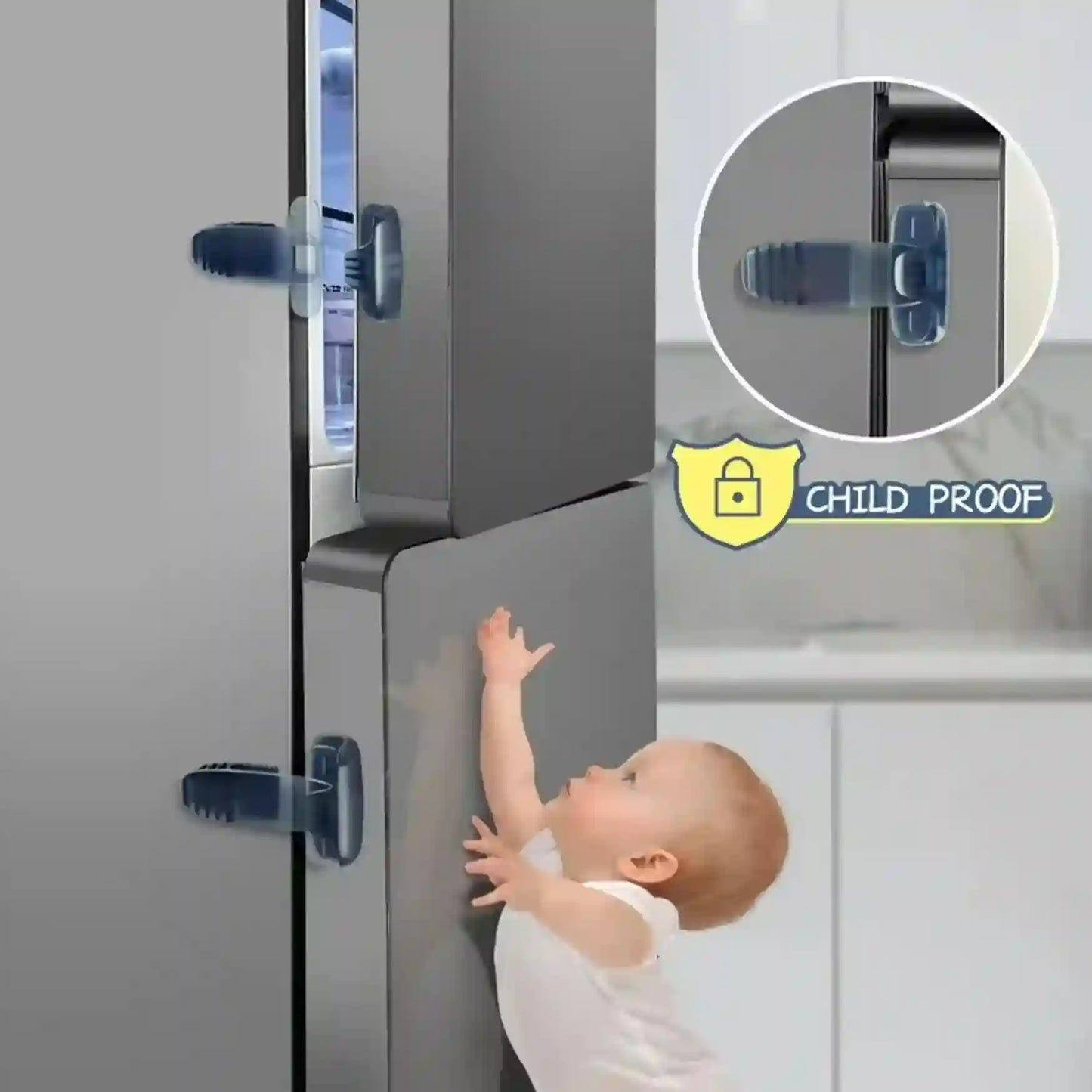 A baby reaches toward a closed stainless steel refrigerator door, while dark blue child-proof lock clips are shown mounted on the refrigerator handles. A circular inset shows a close-up of one clip, and a badge reads 'CHILD PROOF'.