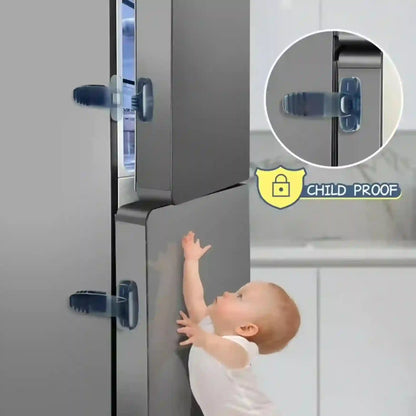 A baby reaches toward a closed stainless steel refrigerator door, while dark blue child-proof lock clips are shown mounted on the refrigerator handles. A circular inset shows a close-up of one clip, and a badge reads 'CHILD PROOF'.