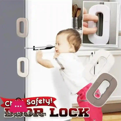 A baby is shown holding a door lock device on a refrigerator door in a kitchen setting, with inset close-ups of the white and gray lock hardware and promotional text reading 'cr.
