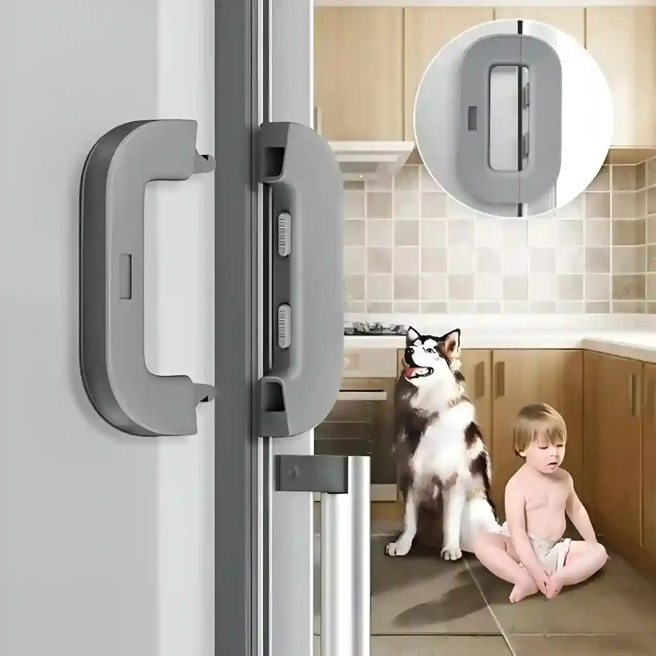 Childproof door lock on a glass door with a child and dog in the background
