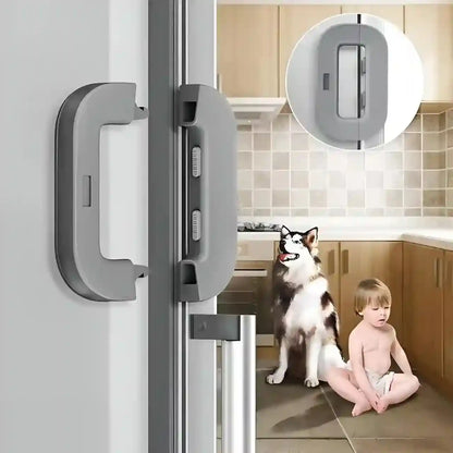 Childproof door lock on a glass door with a child and dog in the background