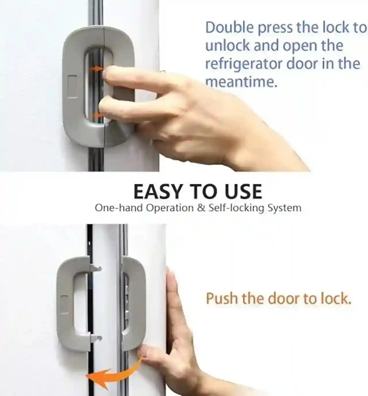 Hand using a refrigerator door lock mechanism with text instructions on how to use it.