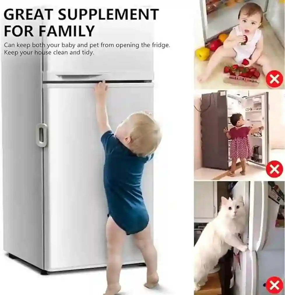 A promotional collage for a baby and pet safety fridge door lock. The main image shows a toddler in a blue onesie trying to open a white refrigerator, with text reading 'GREAT SUPPLEMENT FOR FAMILY.
