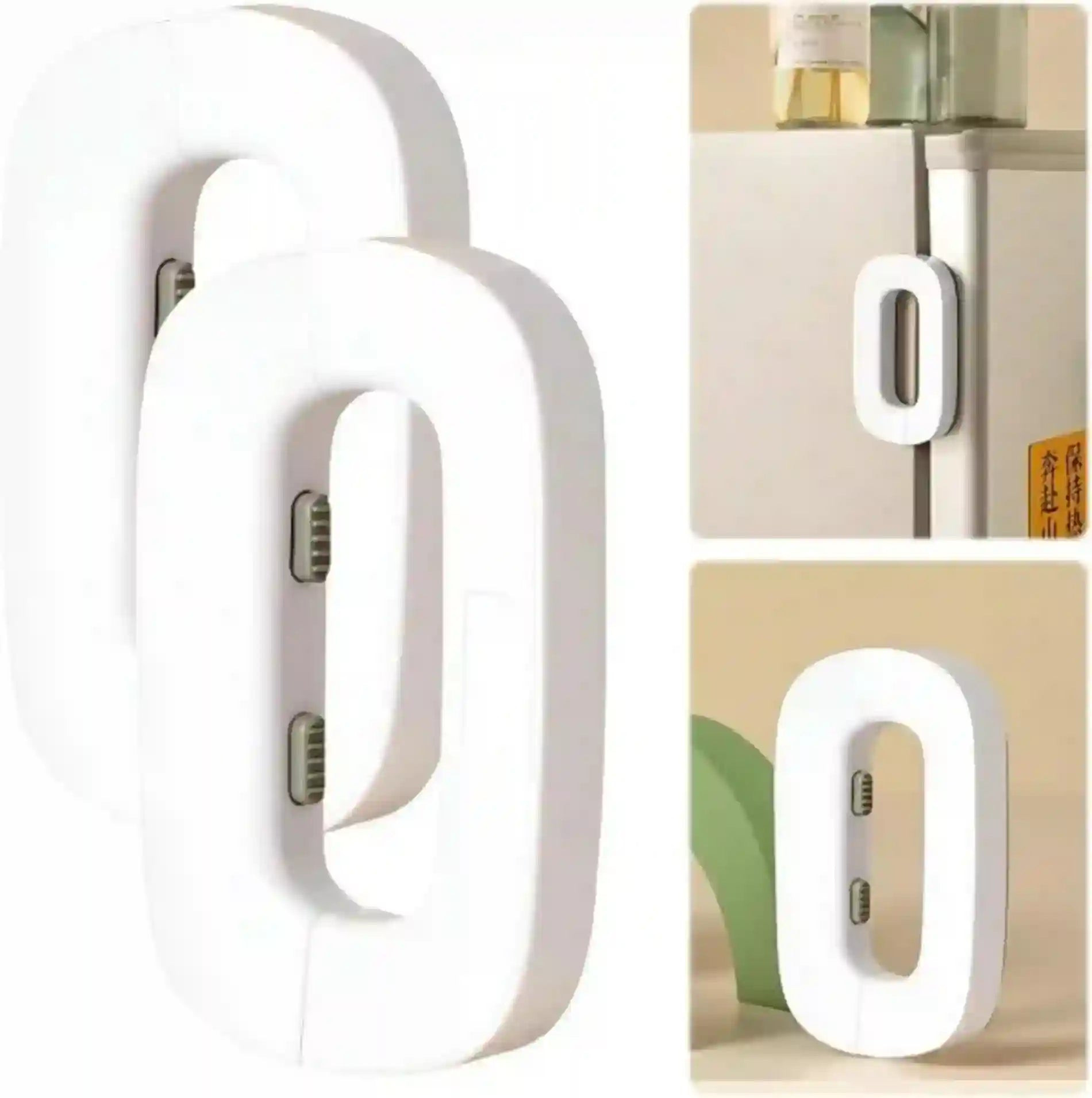 White magnetic refrigerator door handles shown in a large close-up and two smaller inset photos demonstrating them attached to refrigerator doors.