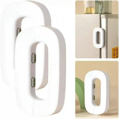 White magnetic refrigerator door handles shown in a large close-up and two smaller inset photos demonstrating them attached to refrigerator doors.