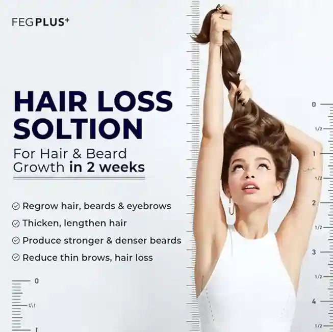 Advertisement for FEG PLUS+ hair loss solution with a woman holding her hair, featuring text about hair and beard growth benefits.