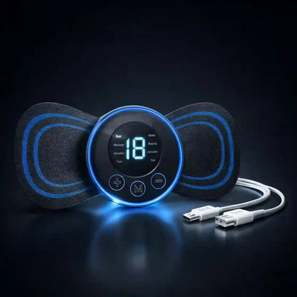 A TENS unit muscle stimulator device with two black electrode pads and a central circular display glowing with blue light, shown on a dark reflective surface with a white USB charging cable.