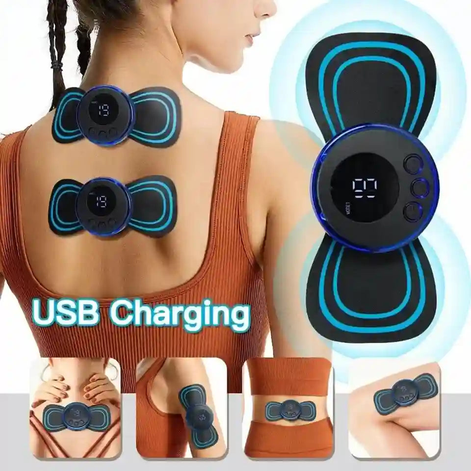 Electrical muscle stimulator device on a person with USB charging text