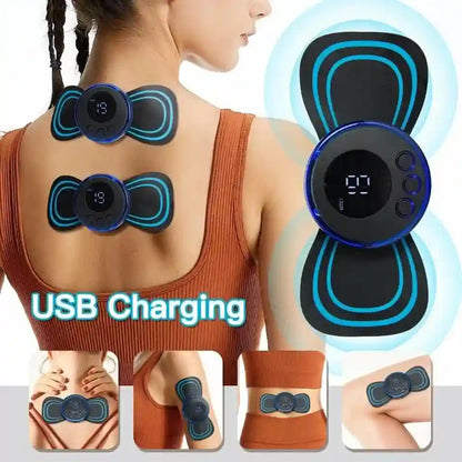 Electrical muscle stimulator device on a person with USB charging text