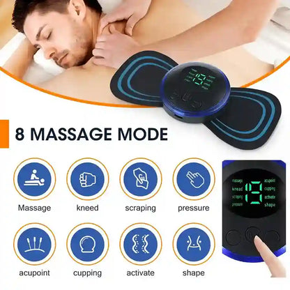 Massage device with digital display and various massage modes on a white background