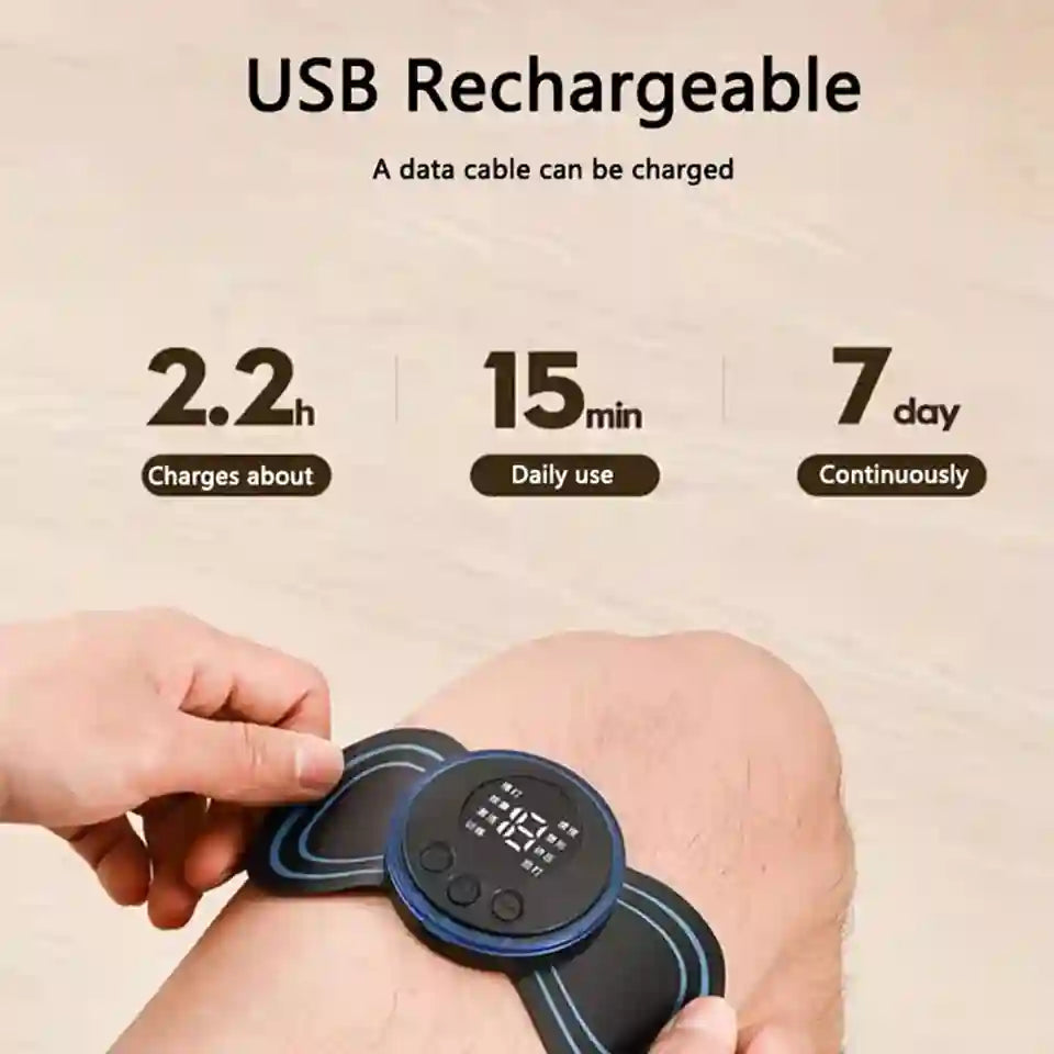 USB rechargeable device being used on a wrist with charging time and usage information displayed.