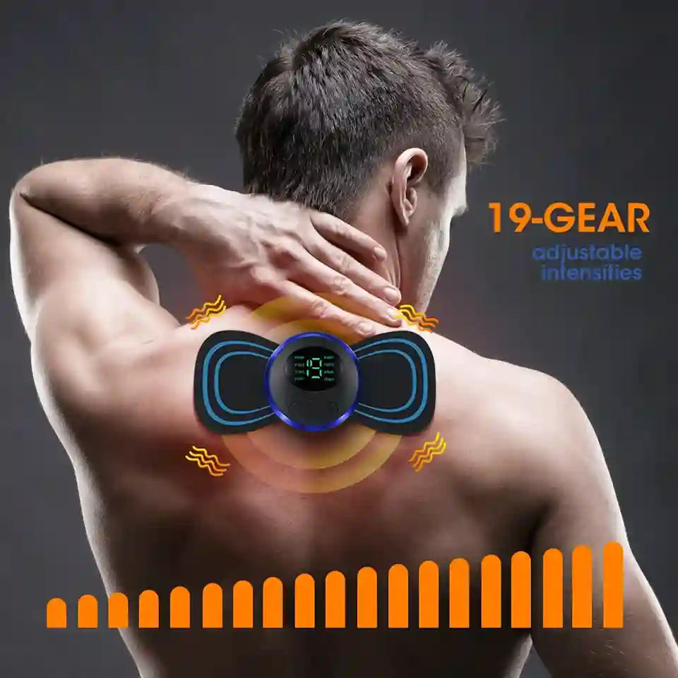 Man using a back massager with digital display on a dark background