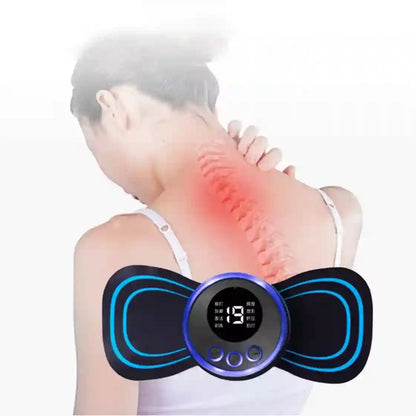 Person with back pain wearing a digital massage device on their back.