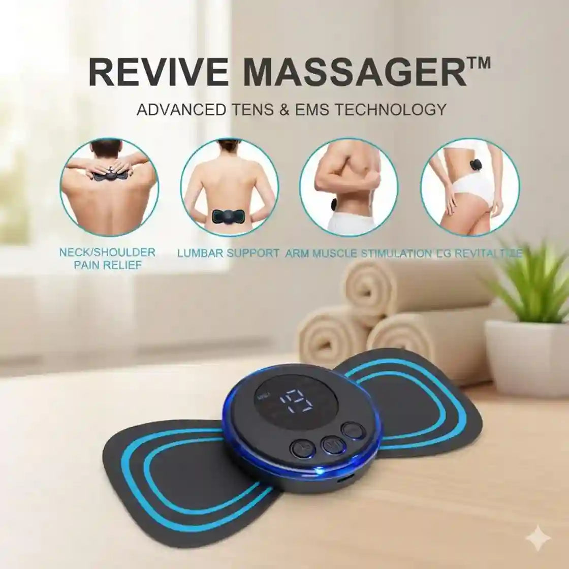 Revive Massager with advanced TENS & EMS technology on a table.