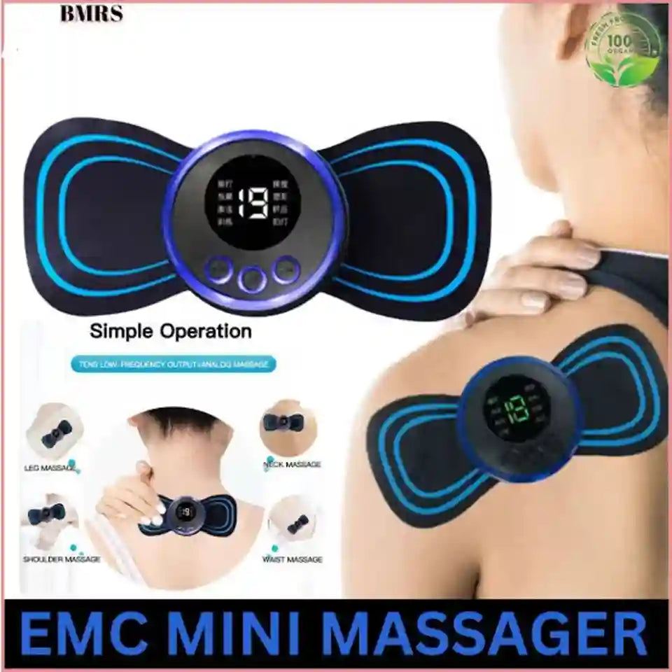 EMC mini massage device with a round central button and four black and blue adhesive pads, shown on a model's chest with a product inset and the text 'EMC MINI MASSAGER'.