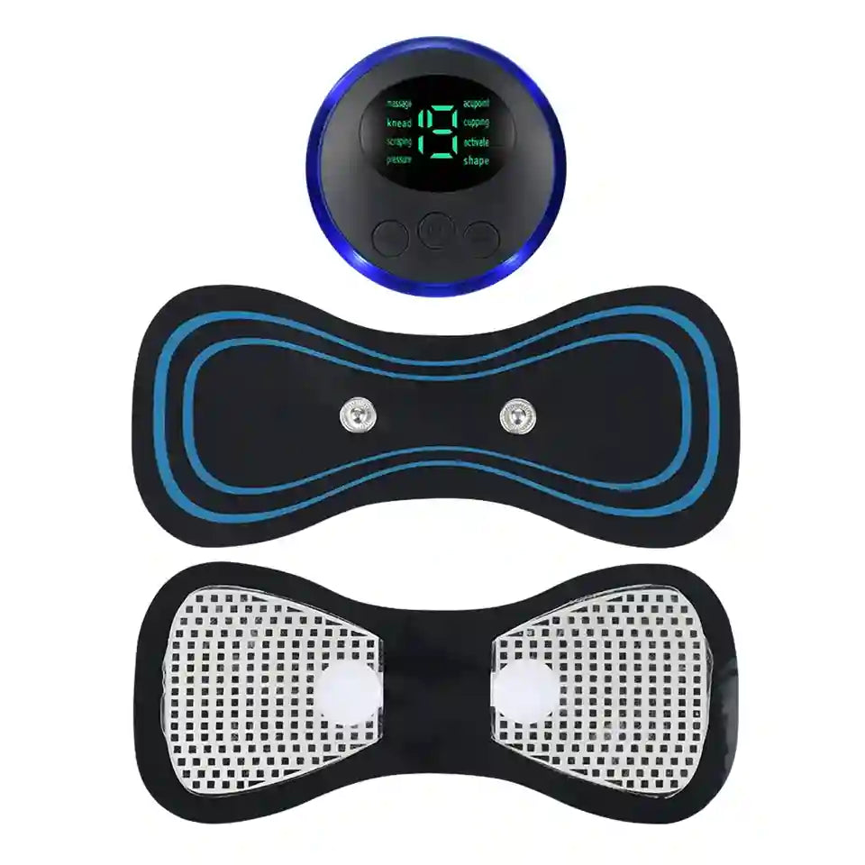An electric muscle stimulator EMS device set featuring a round digital control unit with a blue LED ring and a black display screen, shown above two black adhesive electrode pads with blue line patterns and white grid-protected contact areas.