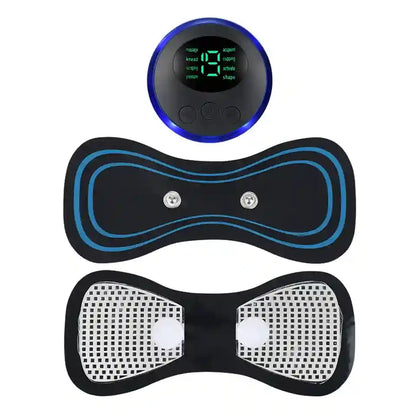 An electric muscle stimulator EMS device set featuring a round digital control unit with a blue LED ring and a black display screen, shown above two black adhesive electrode pads with blue line patterns and white grid-protected contact areas.