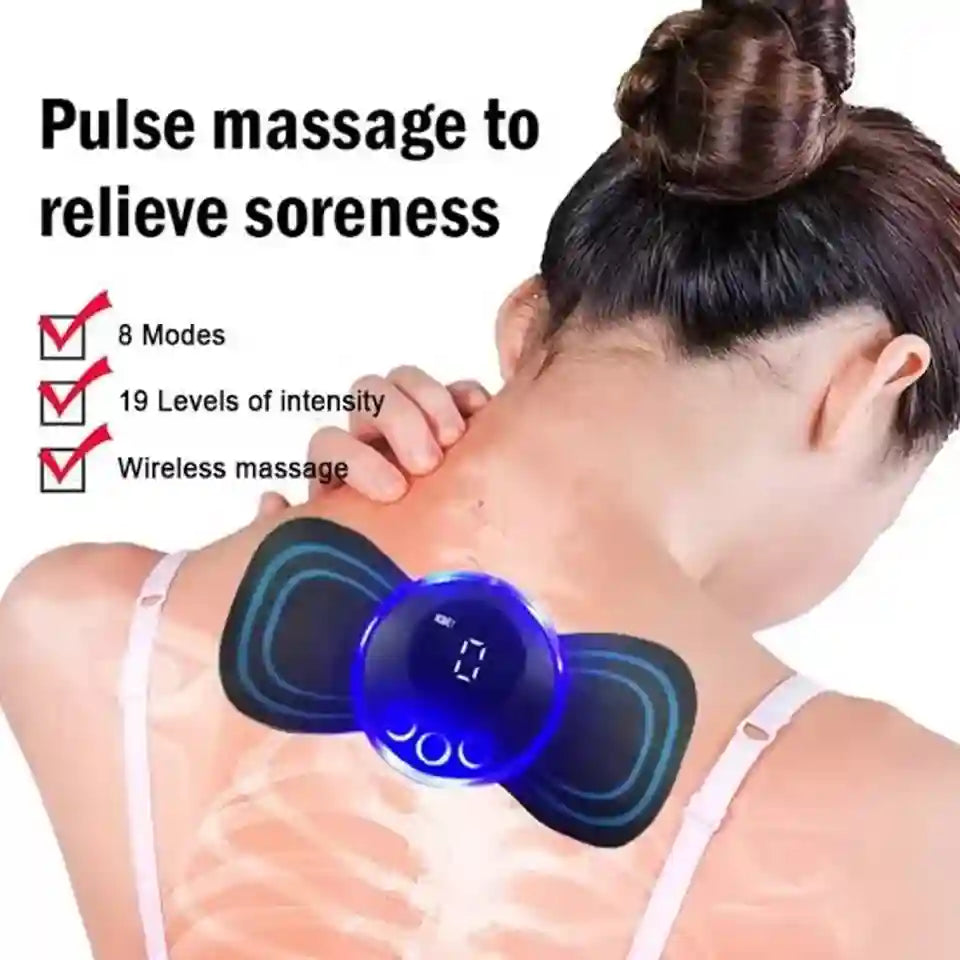A woman shown from the back with her neck and upper shoulders exposed, wearing a blue and black wireless pulse massage device over her neck. Text on the image reads 'Pulse massage to relieve soreness' and lists features like 8 modes, 19 levels of intensity, and wireless massage.