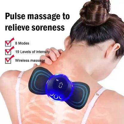 A woman shown from the back with her neck and upper shoulders exposed, wearing a blue and black wireless pulse massage device over her neck. Text on the image reads 'Pulse massage to relieve soreness' and lists features like 8 modes, 19 levels of intensity, and wireless massage.