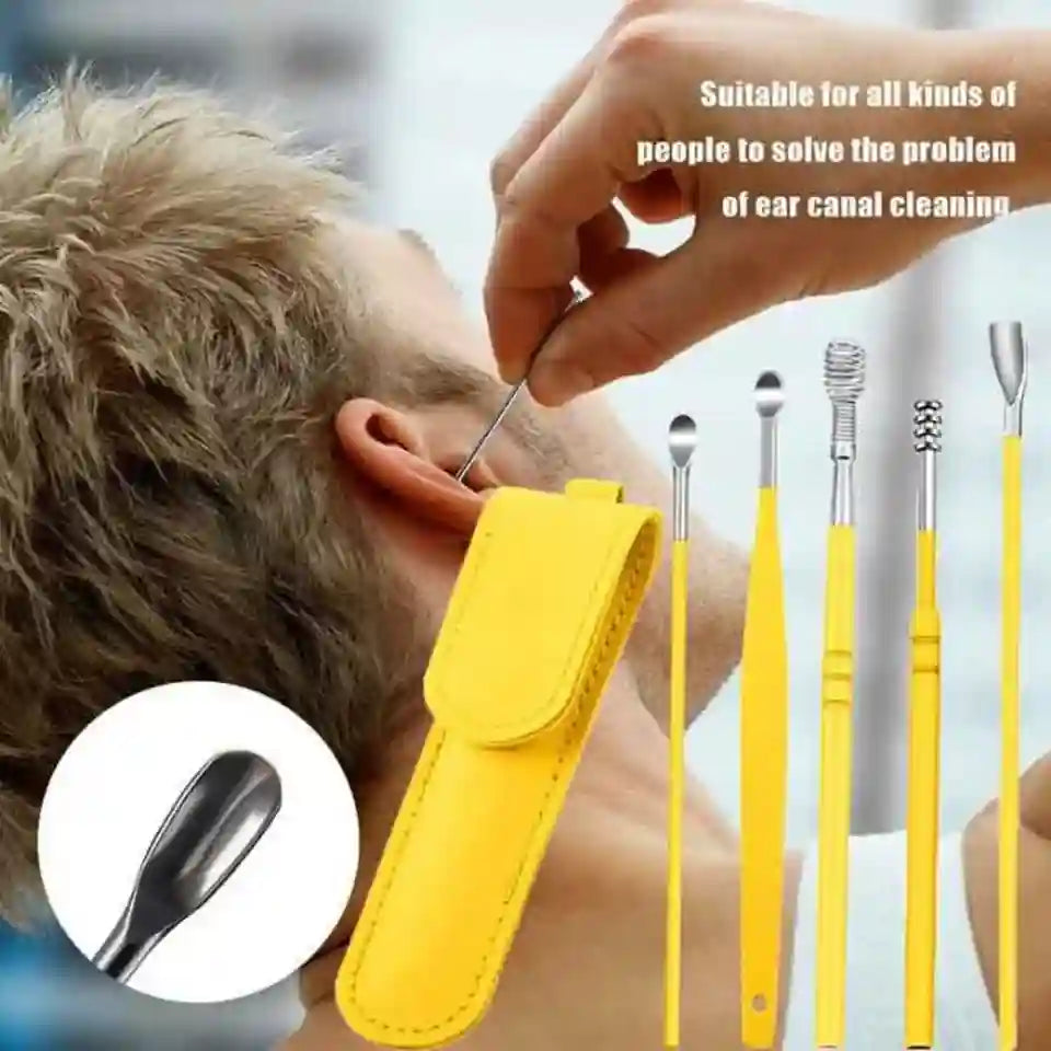 Person using a yellow ear cleaning tool with additional tools displayed on a white background.