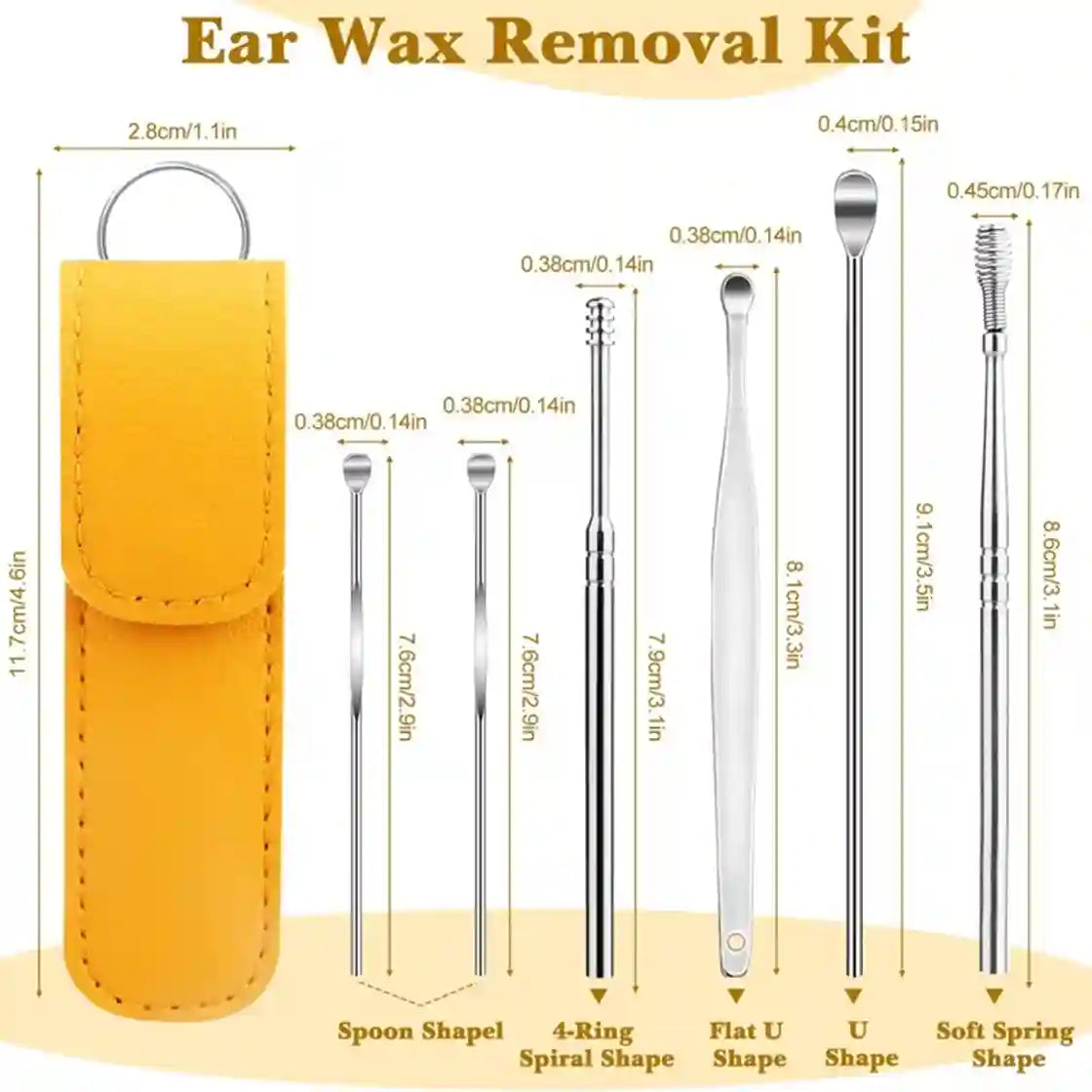 Ear wax removal kit with a yellow leather case and six stainless steel cleaning tools shown with labeled shapes and dimensions on a beige background.