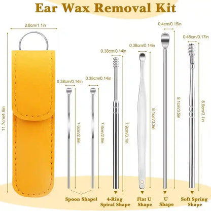 Ear wax removal kit with a yellow leather case and six stainless steel cleaning tools shown with labeled shapes and dimensions on a beige background.