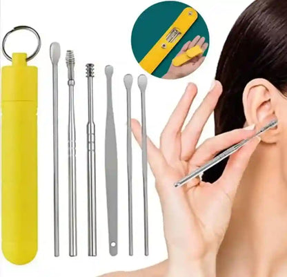 Set of ear cleaning tools with a yellow case, including different types of ear sticks and a small mirror.