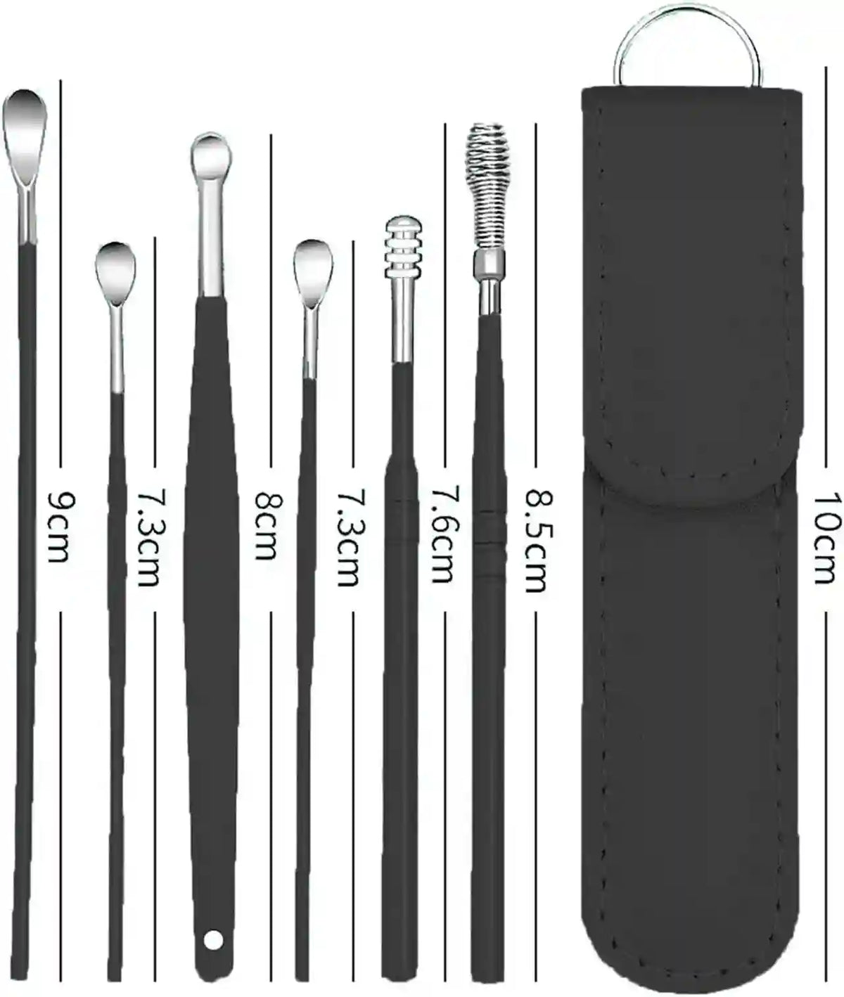Set of black ear cleaning tools with measurements and a black case on a white background