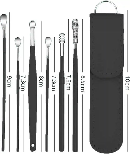 Set of black ear cleaning tools with measurements and a black case on a white background
