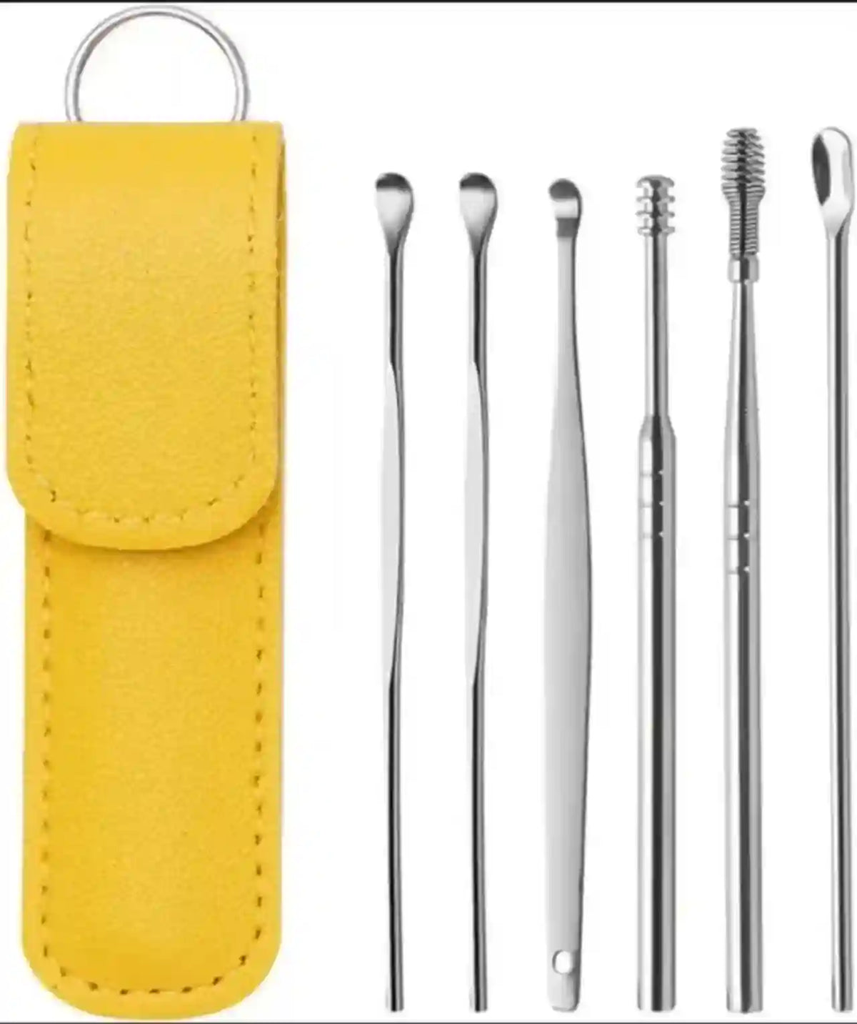 Six stainless steel ear cleaning tools with different tip shapes, displayed next to a yellow faux-leather carrying case on a white background.