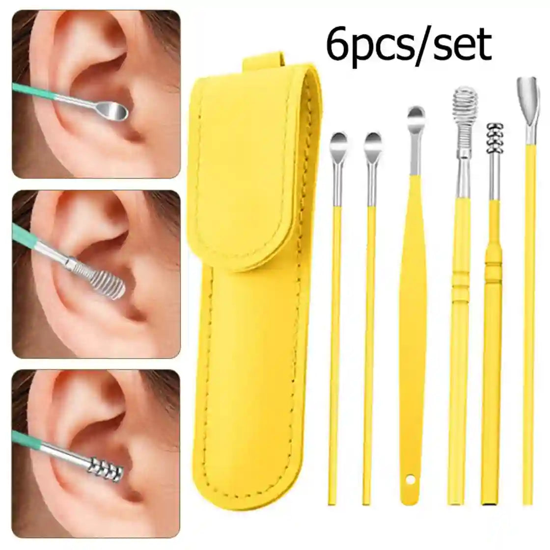 Yellow ear cleaning tool set with a matching pouch and six metal ear care tools, shown alongside three inset close-ups of an ear being cleaned.