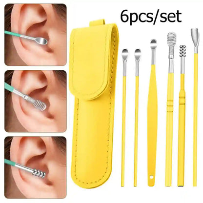 Yellow ear cleaning tool set with a matching pouch and six metal ear care tools, shown alongside three inset close-ups of an ear being cleaned.