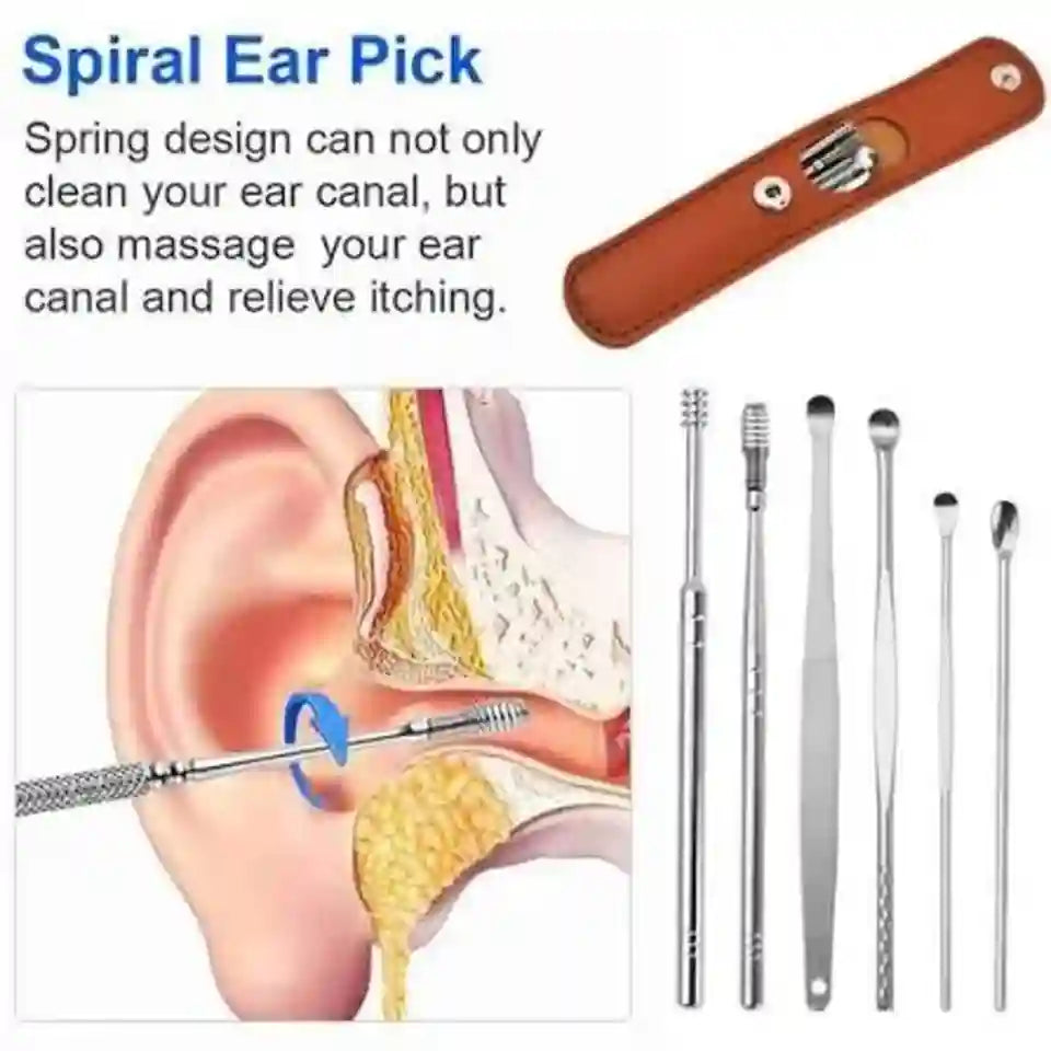 Spiral ear pick cleaning set with multiple stainless steel ear pick tools shown beside an illustration of an ear and a brown leather carrying case on a white background with explanatory text.